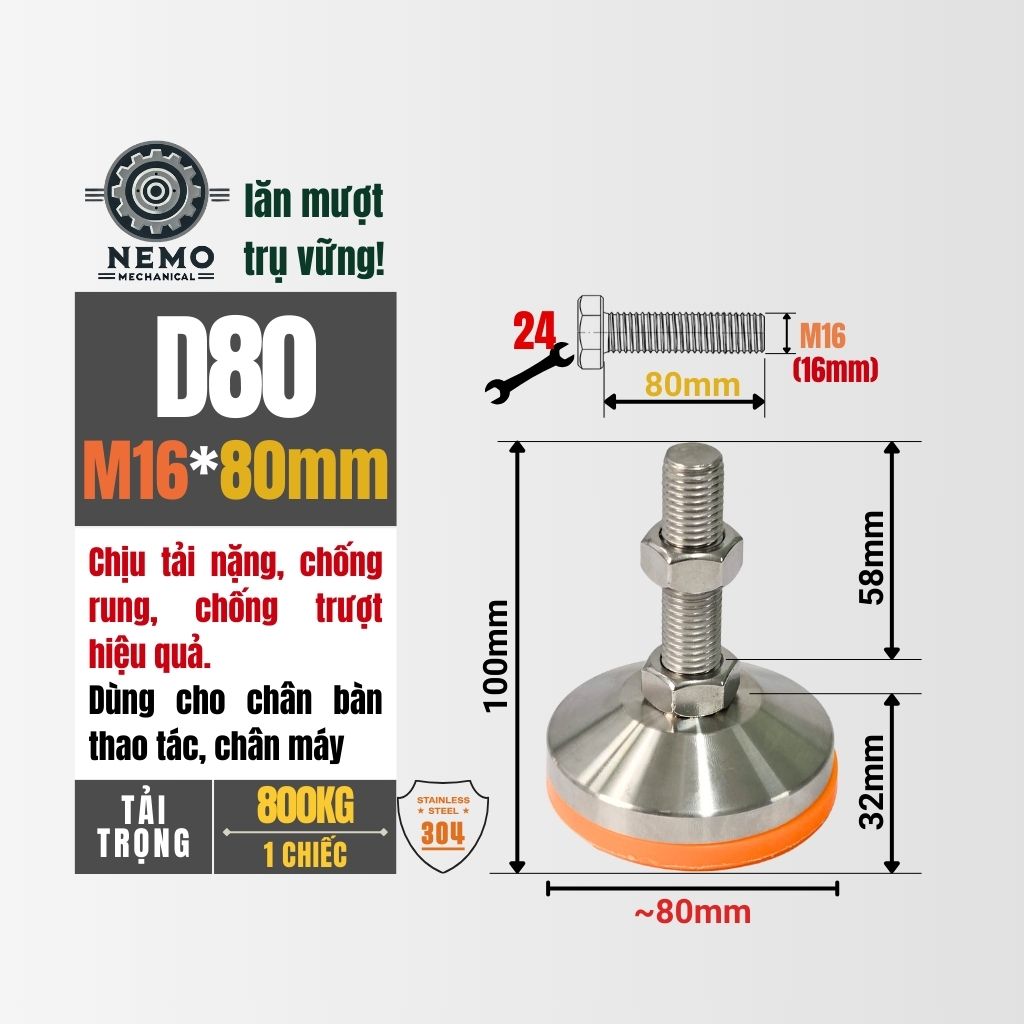 Chân Tăng Chỉnh Inox 304 Ren M16 – Đế Bát Dày Chịu Tải Siêu Nặng 800kg, Chống Ăn Mòn Tuyệt Đối